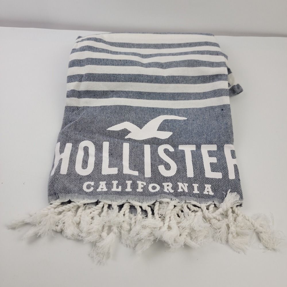 Hollister California Festival Blanket Blue White Striped Cotton Tassel Fringe